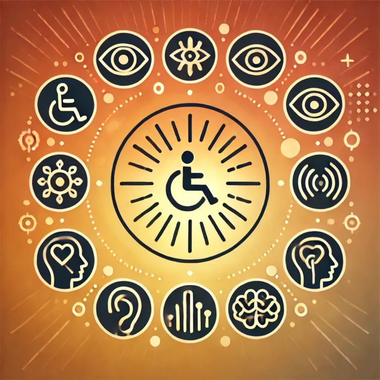 Image minimaliste créée par MEM SI, mettant en avant un cercle central chaleureux, symbole de soleil et d'énergie positive, entouré de pictogrammes représentant différents types de handicaps (fauteuil roulant, déficience visuelle, déficience auditive, troubles psychiques). Le design utilise des couleurs chaudes - orange, jaune et rouge - pour évoquer l'inclusion, la diversité et le bien-être au travail.